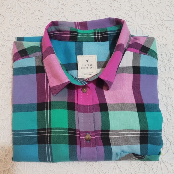 American Eagle Outfitters Tops - Plaid Flannel Shirt, Green/ Pink Multi, Sz Lg